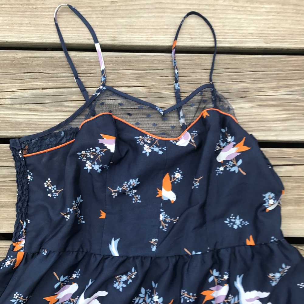Navy Bird Print Dress with Lace Panel